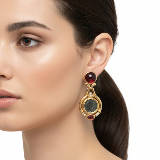 18 Karat Gold Ancient Coin Earrings with Tourmaline and Diamonds