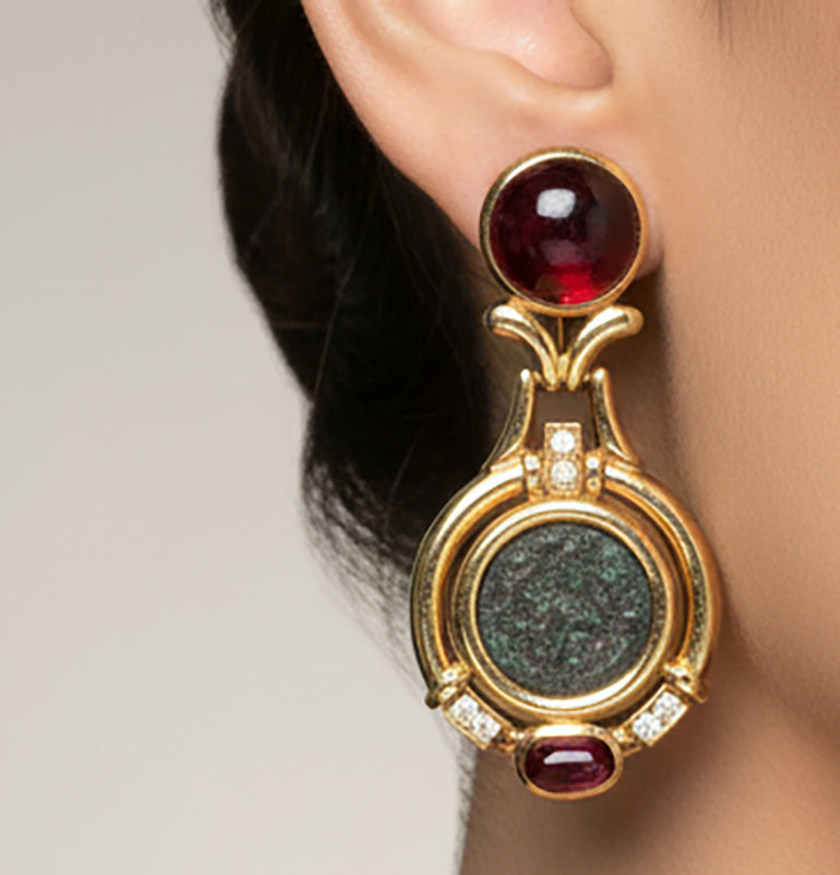 18 Karat Gold Ancient Coin Earrings with Tourmaline and Diamonds